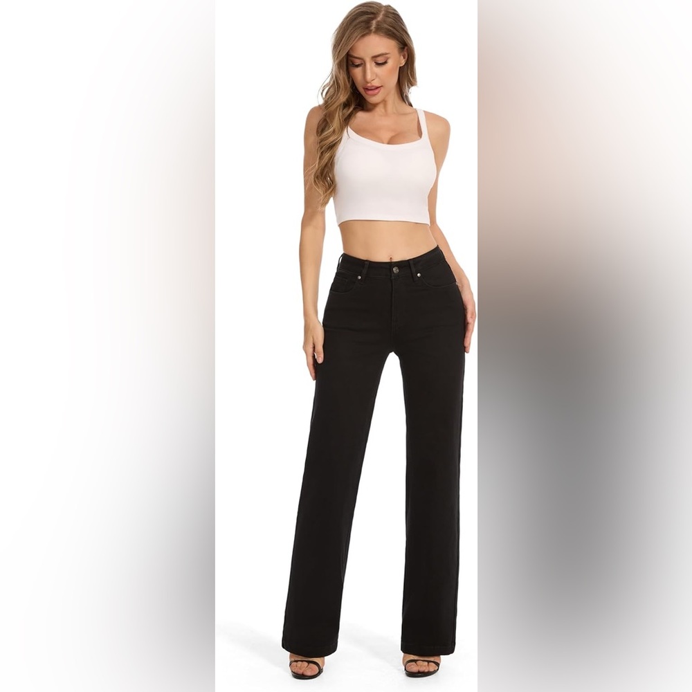 Flying Banana Wide Leg Jeans 8 Long Black High‎ Rise Stretch Denim New